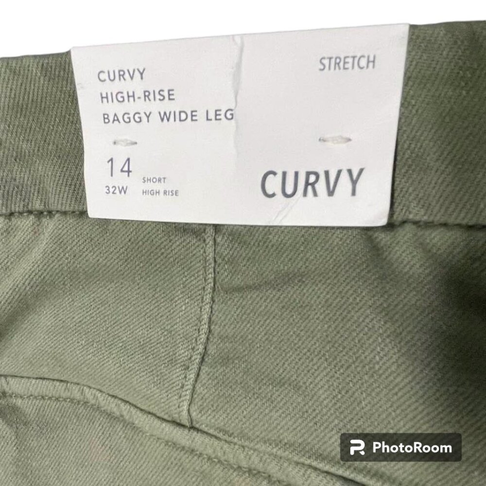 American Eagle NWT Cargo Curvy Stretch High-Rise Baggy Wide Leg Army Gre… - Picture 12 of 16